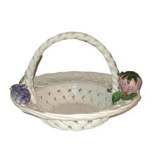 Capodimonte Italy Porcelain Fruit Basket White Ceramic w/Strawberries & Grapes